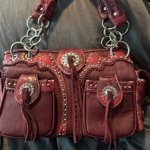 Montana West Women's Western Red Leather Studded Shoulder Purse With Fringe